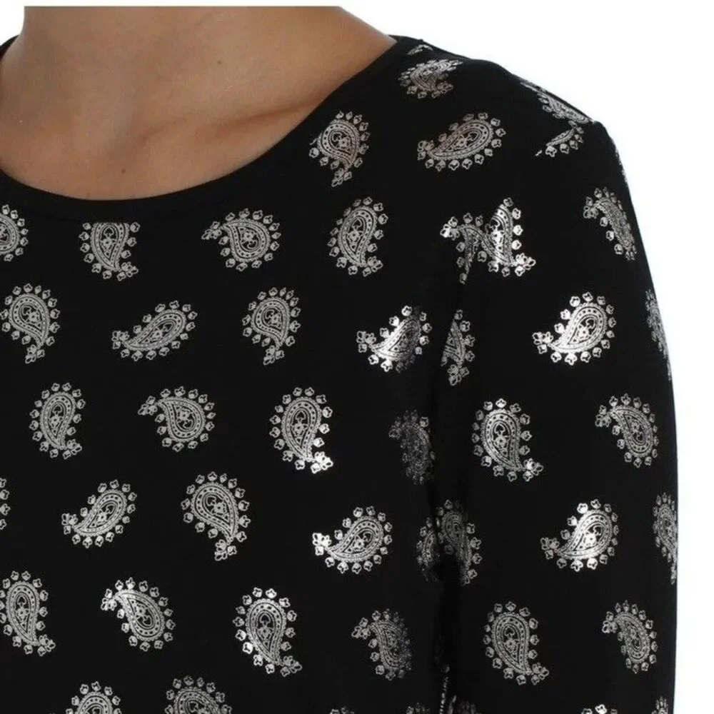 MICHAEL KORS Black/Silver Foil Paisley Flounce Shift Dress Bell Sleeves Size S